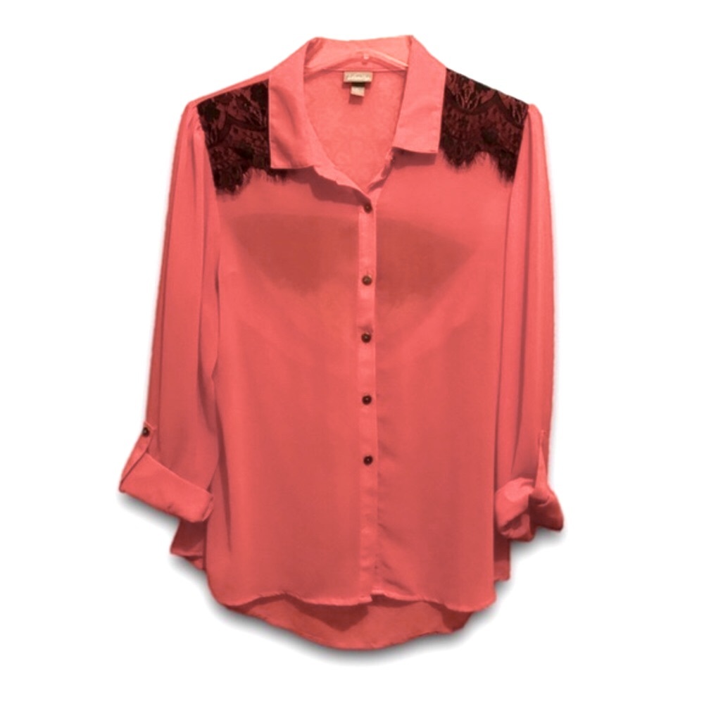 Vanity Semi-Sheer Pink (?) Coral* / Black Lace Cut Out Back Hi-Low Button Blouse